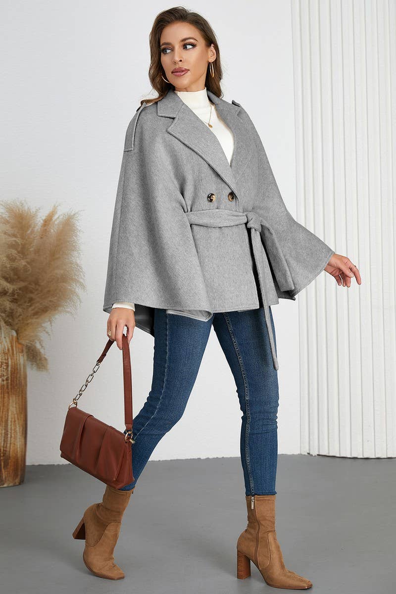 CWOCO0941_SOLID COLOR BELTED LAPEL CAPE TWEED COAT