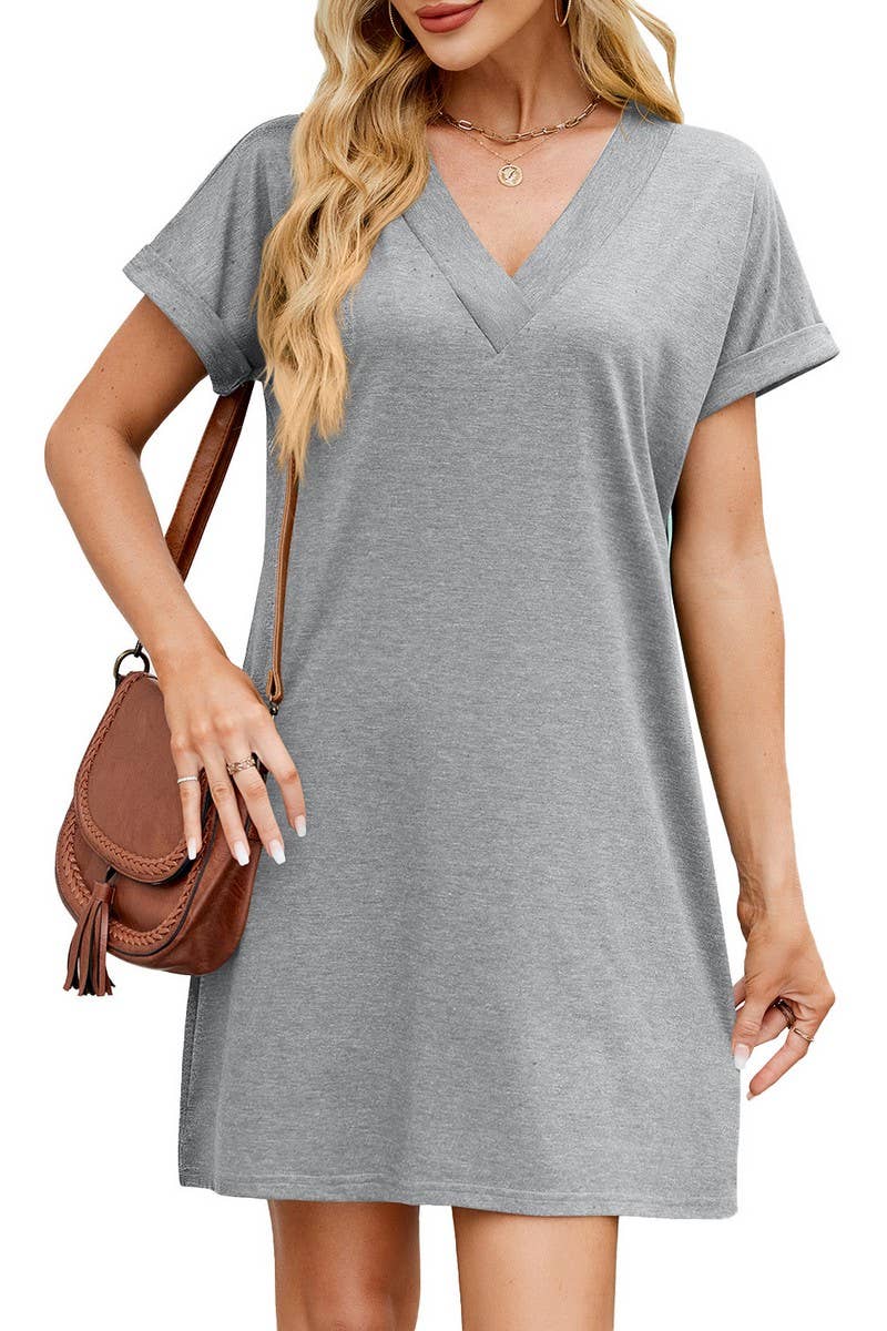 CWDSD8715_V-NECK COLORBLOCK SHORT SLEEVE CASUAL DRESS