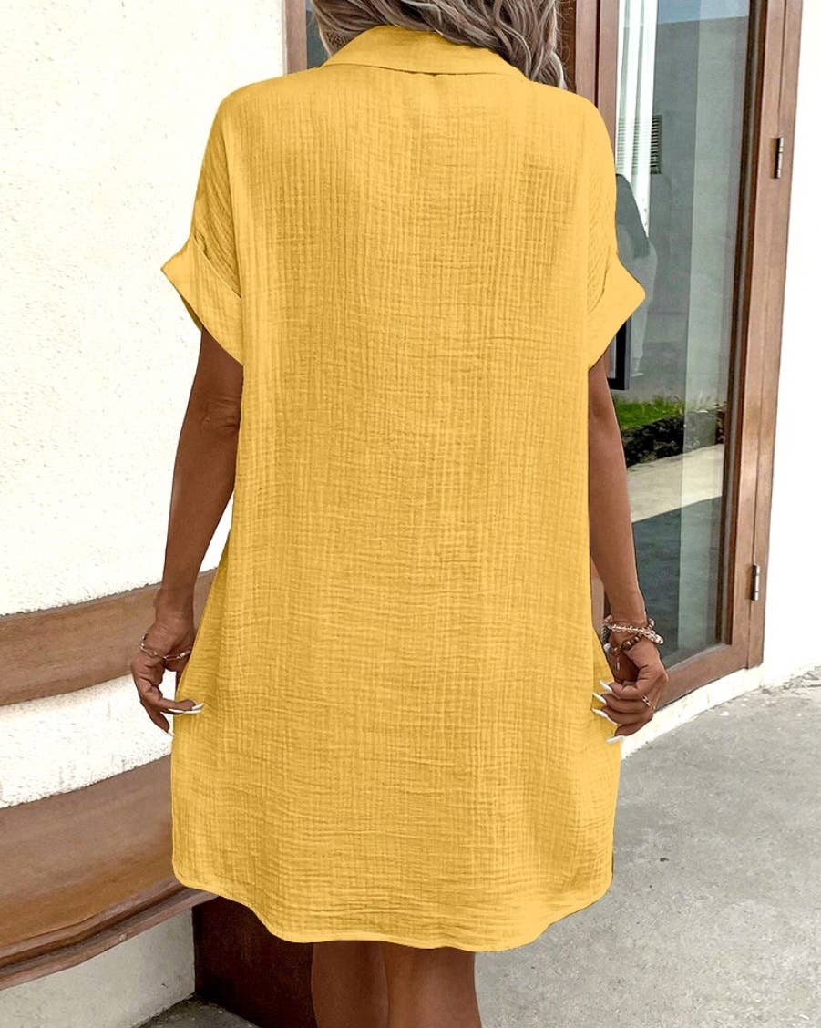 Simple loose V-neck single breasted solid color shirt dress