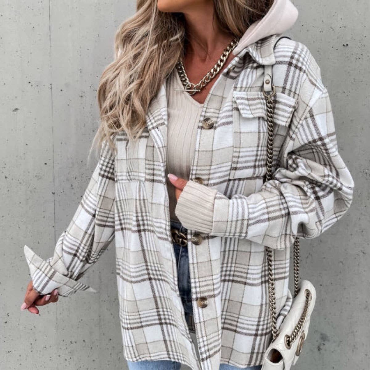 LAPEL LOOSE HOODED (REMOVABLE) PLAID WOOLEN COAT