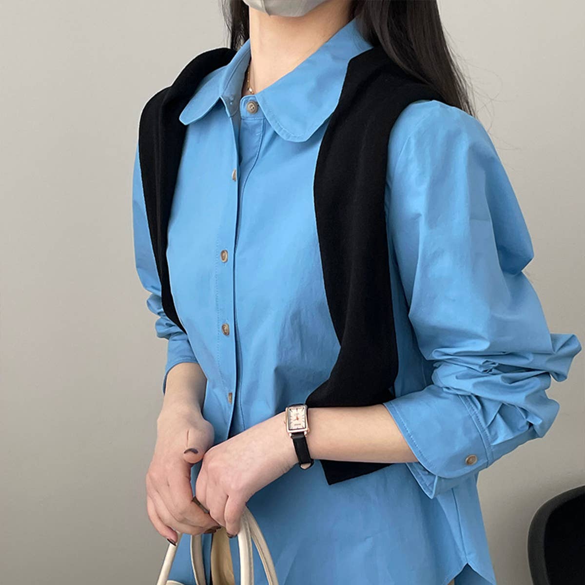 Solid color doll collar washed cotton shirt