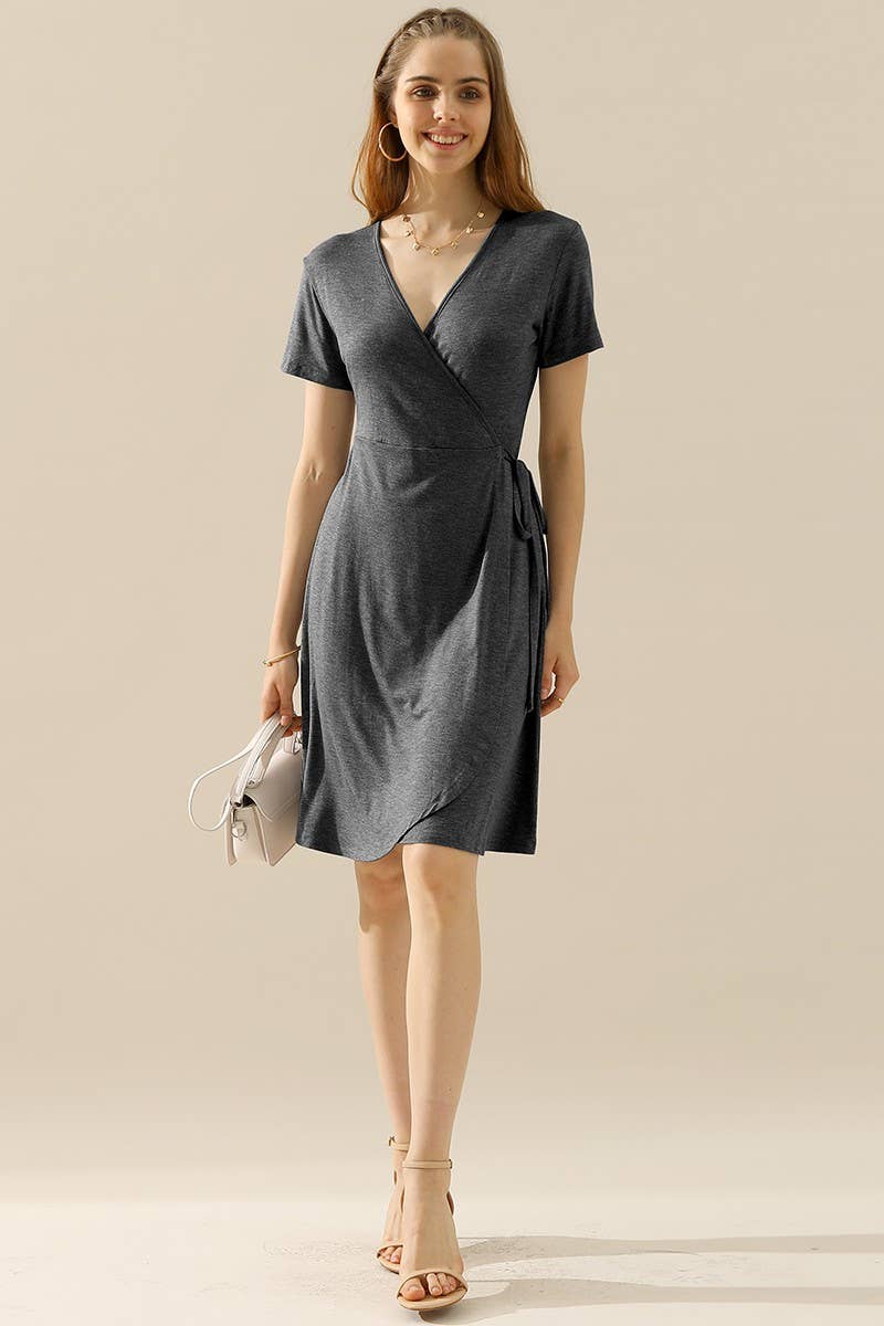 CWDSD10372_V NECK CASUALSHORT SLEEVE WRAP DRESSES