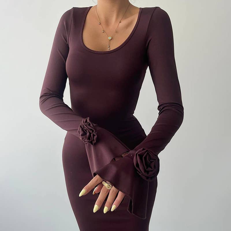 ELEGANT CREW-NECK ROSE LONG-SLEEVED DRESS