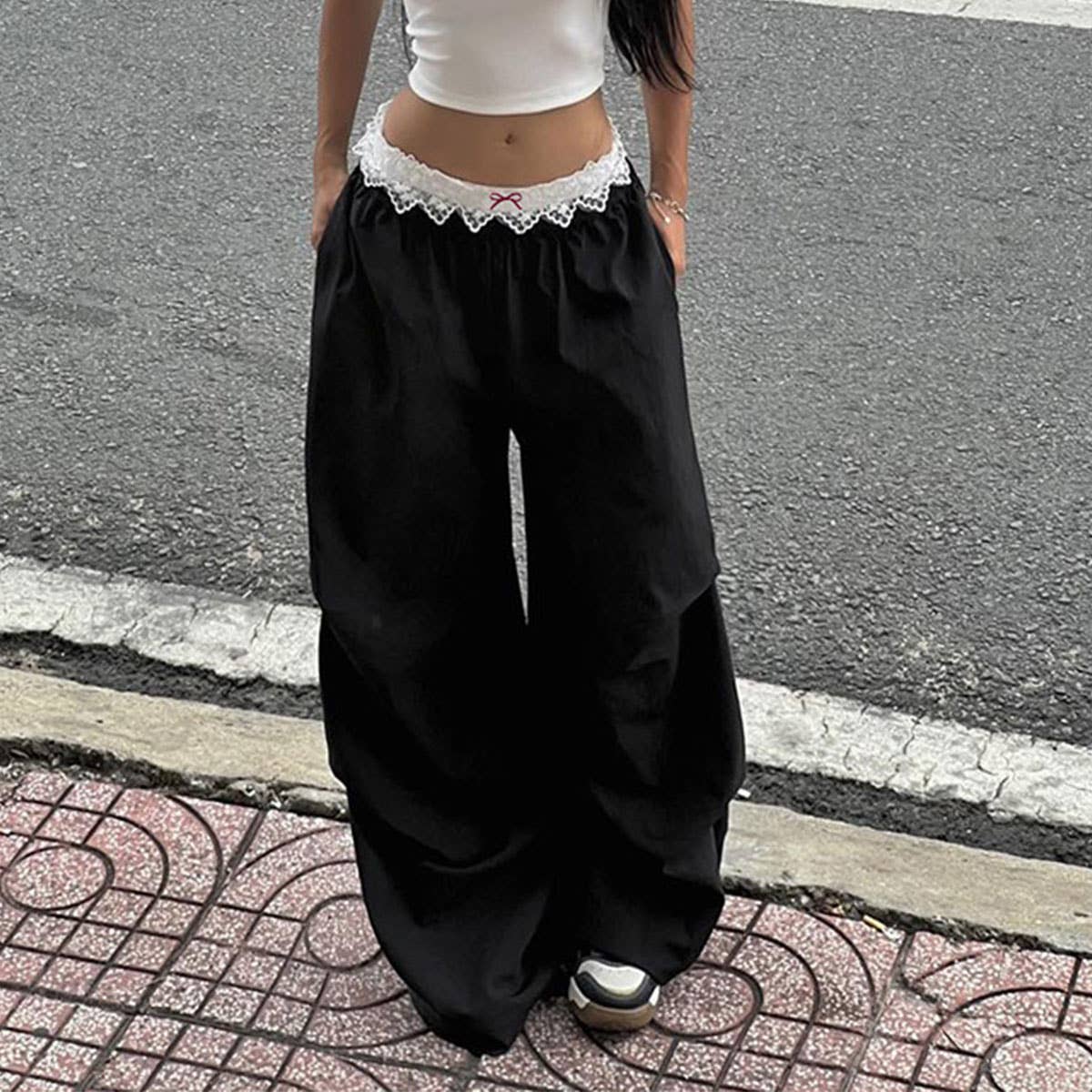 LOOSE LACE PATCHWORK PRINTED WIDE-LEG SLACKS