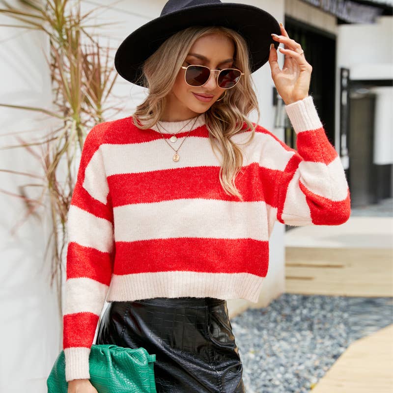 SHORT CREW NECK SWEATER STRIPED MOHAIR SWEATER