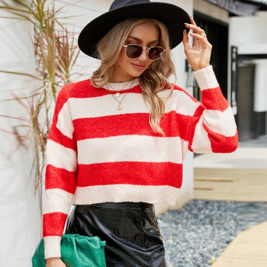 SHORT CREW NECK SWEATER STRIPED MOHAIR SWEATER