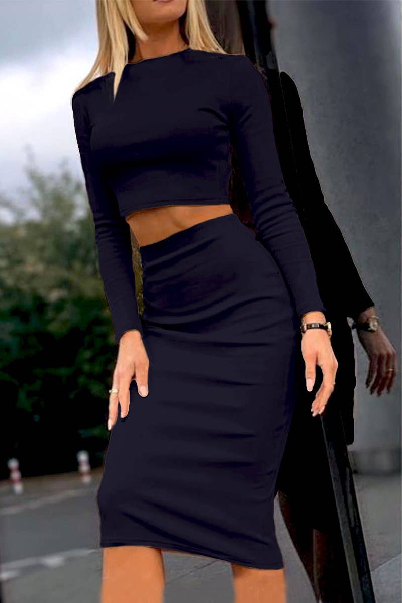 SOLID COLOR TOP COAT BAG HIP SKIRT TWO-PIECE SET