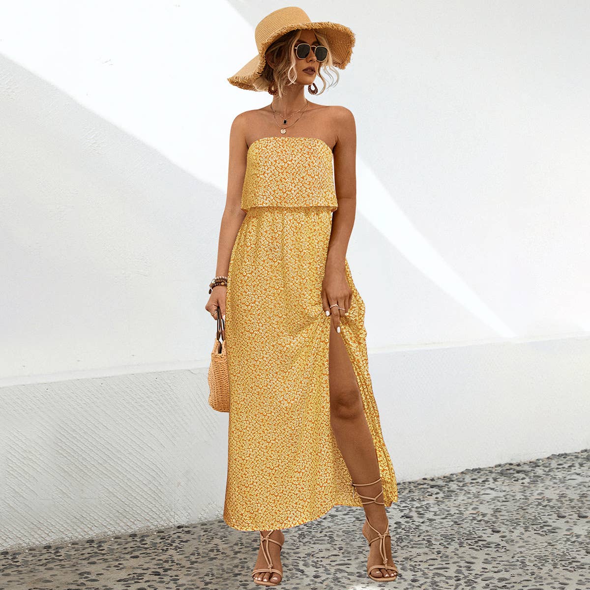 Sexy strapless floral high-waisted long dress