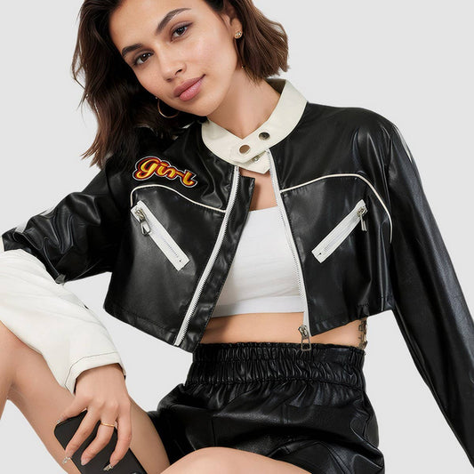 Colorblock Biker PU Jacket ? Trendy Women¡¯s Coat