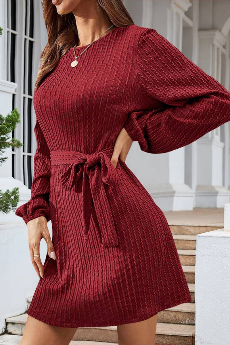 CWDSD7222_NEW STYLE CABLE KNITTED PUFF SLEEVE CASUAL DRESS