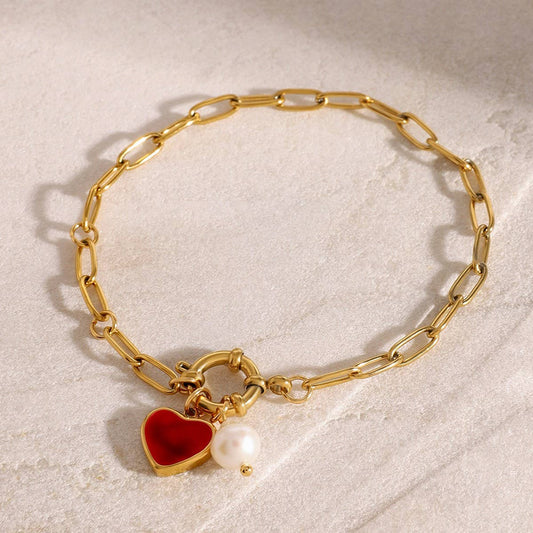 Luxury Pearl Bracelet with Enamel Heart Charm, 18K