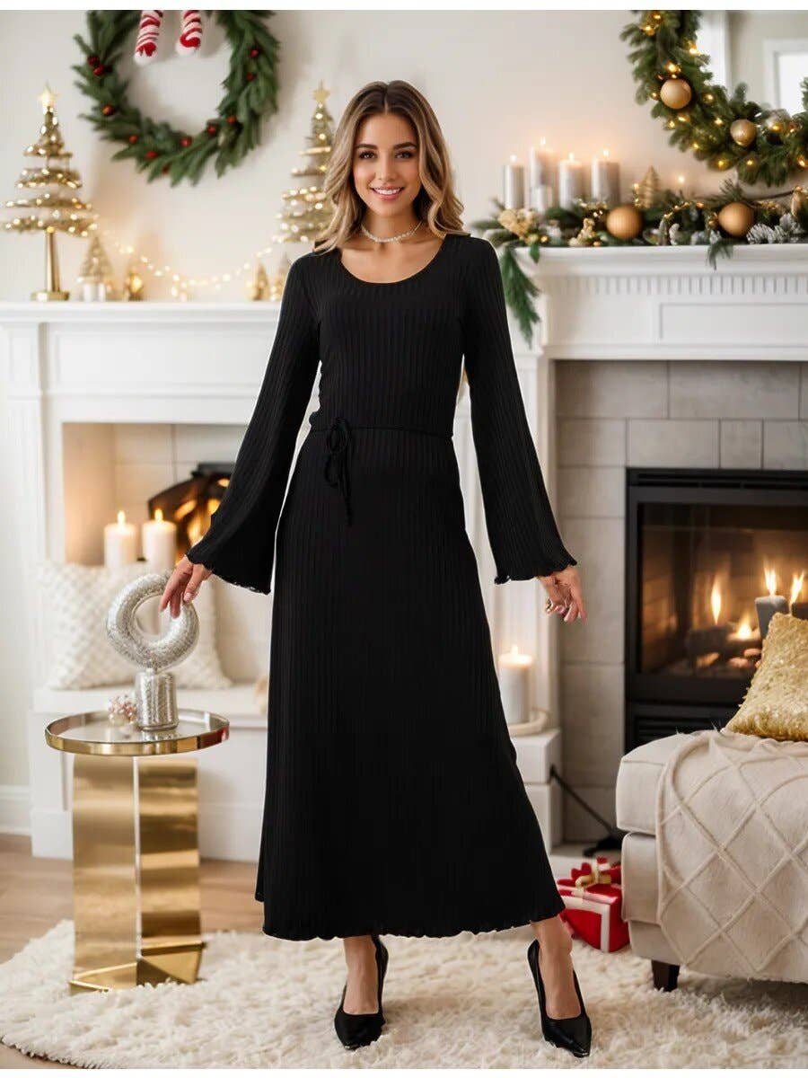 Loose U collar back strap flared sleeve dress