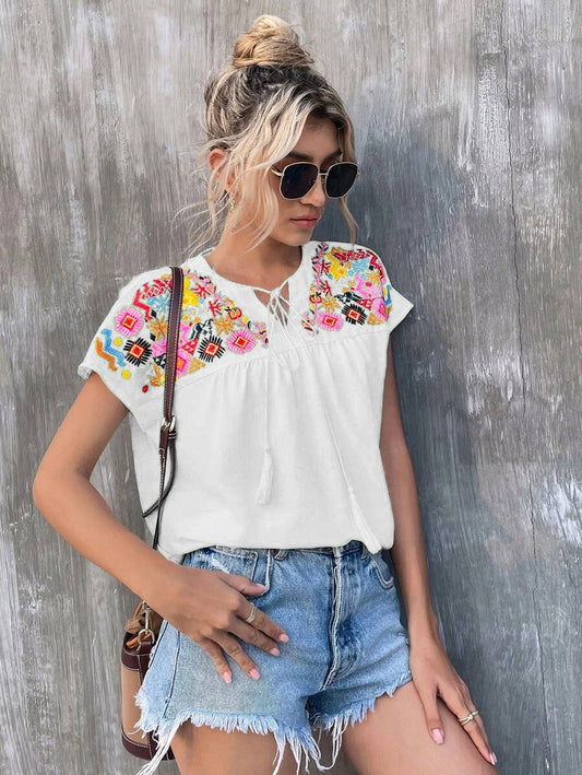 EMBROIDERED TASSEL TIED COLLAR BLOUSE