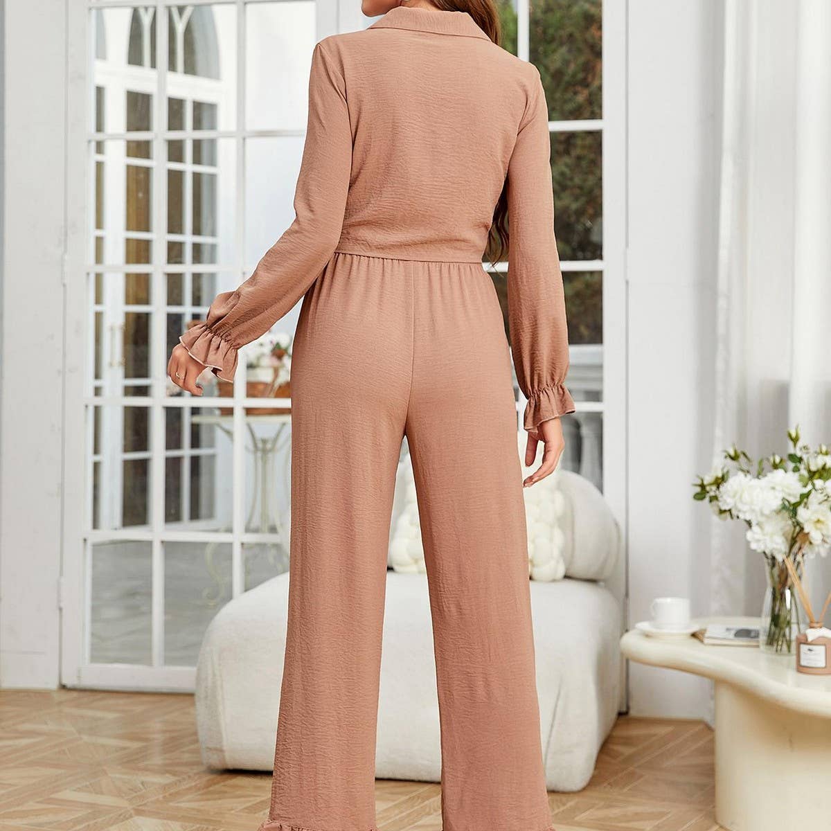 Ruffled long sleeves and trousers two-piece set
