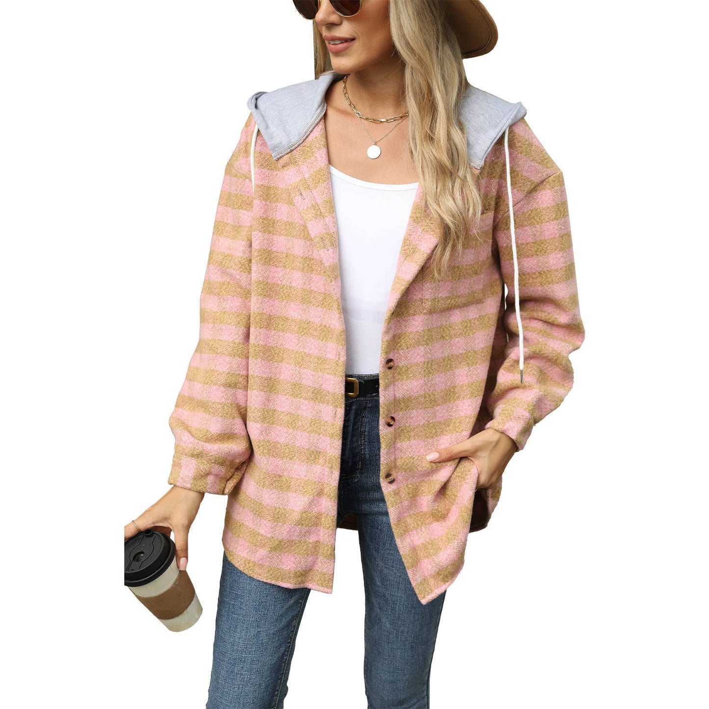 HOOD PLAID PATCHWORK SINGLE BREASTED WOOLEN COAT