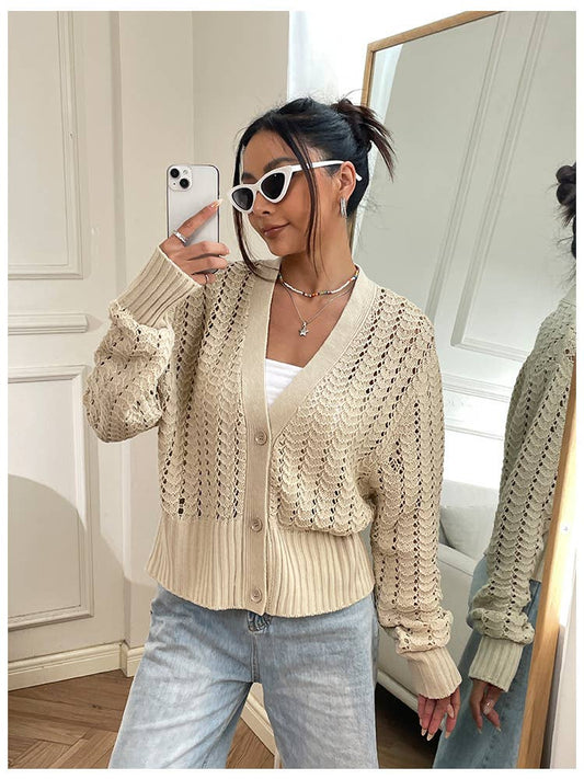 VINTAGE V-NECK SOLID COLOR HOLLOW KNIT CARDIGAN