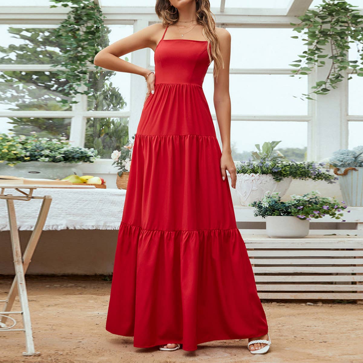 Waistband halter temperament swing long dress