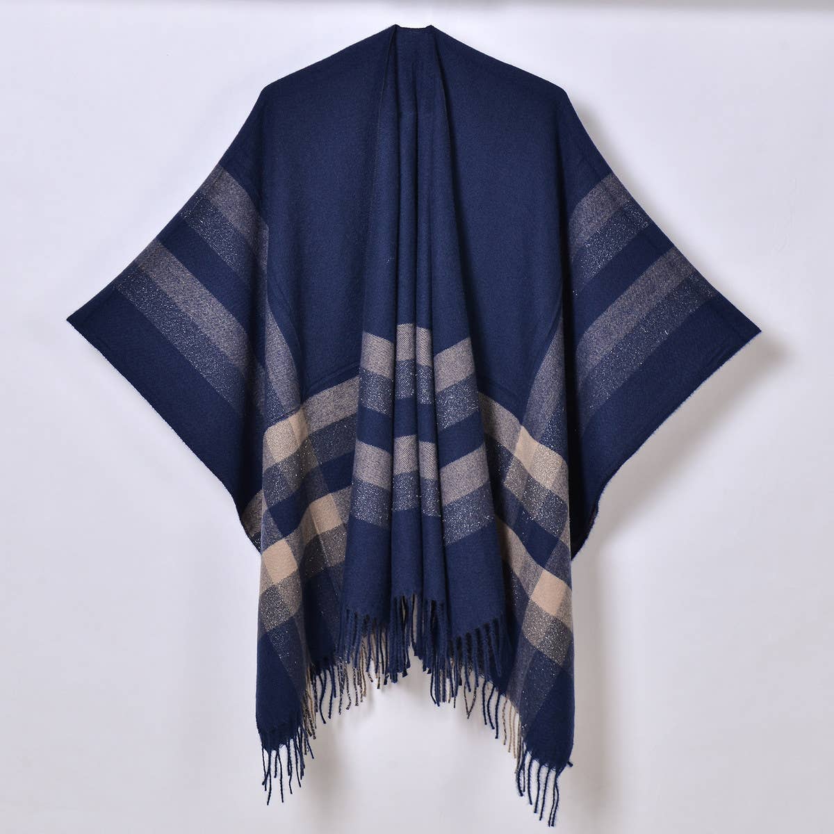 TASSEL TWO-TONE STRIPED PLAID CARDIGAN CAPE SHAWL