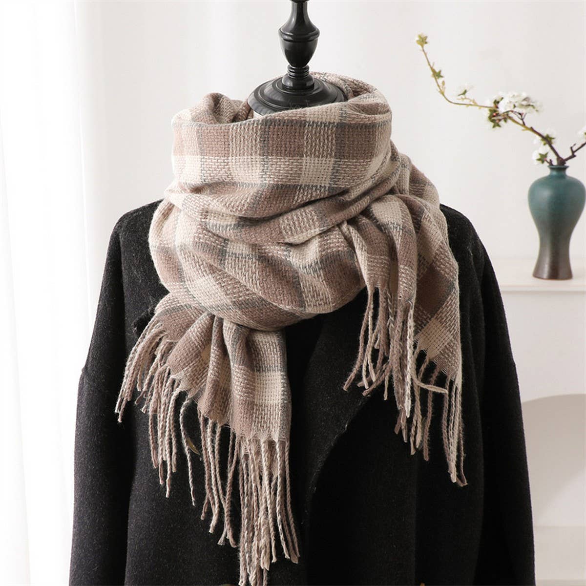 Plaid Faux Cashmere Scarf ??Cozy Long Fringe Wrap_CWASC1442