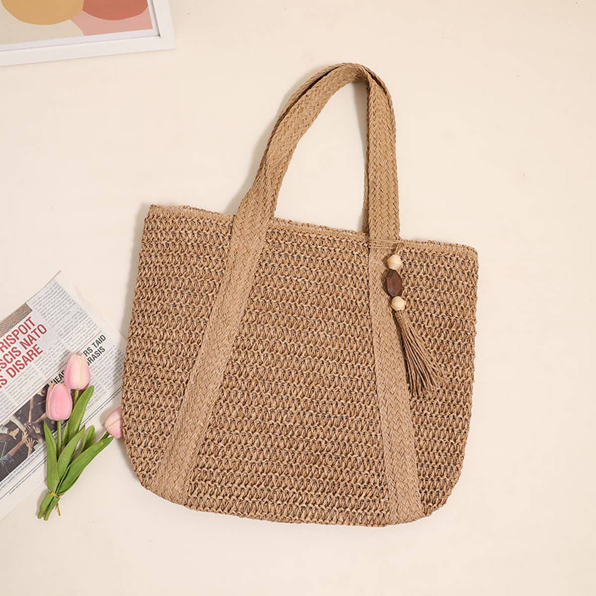 SOLID COLOR ONE SHOULDER BEACH STRAW BAG_CWAB1866