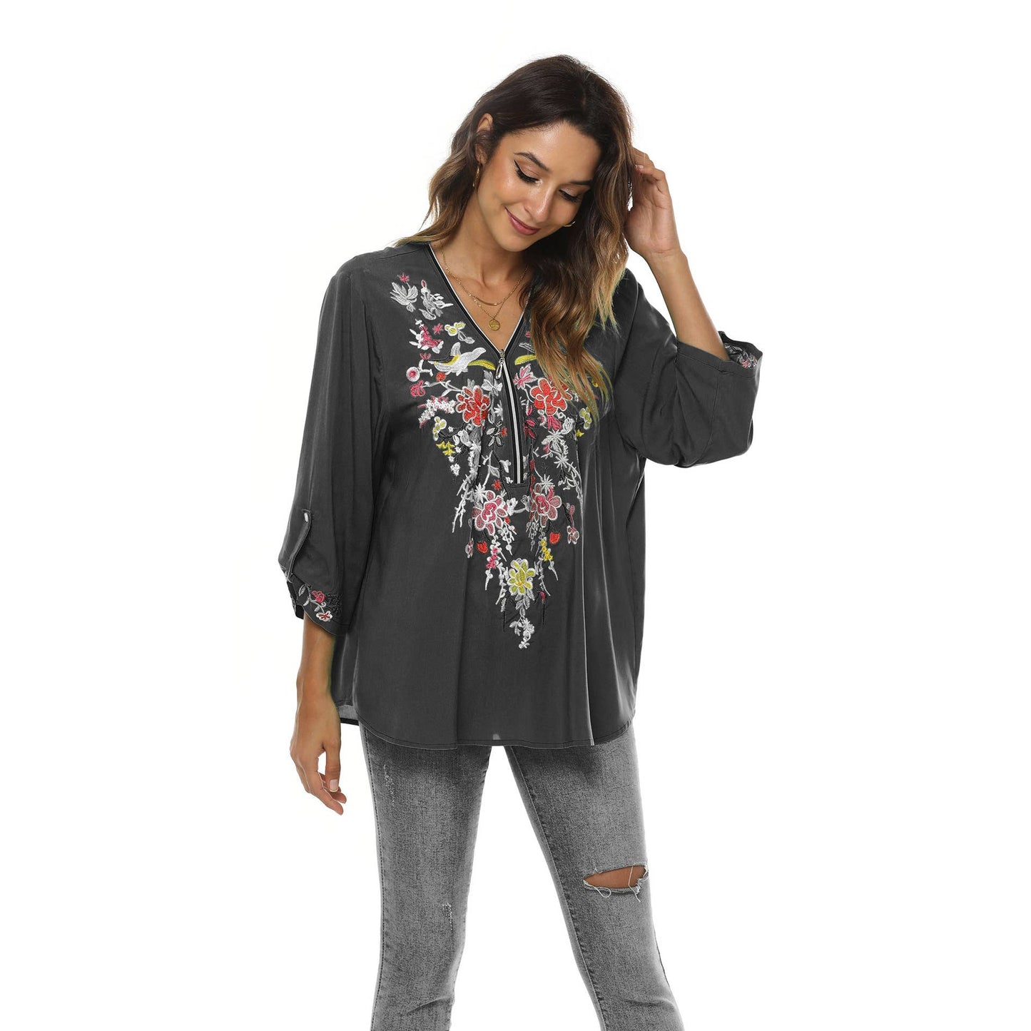 Embroidered shirt with three-quarter sleeves