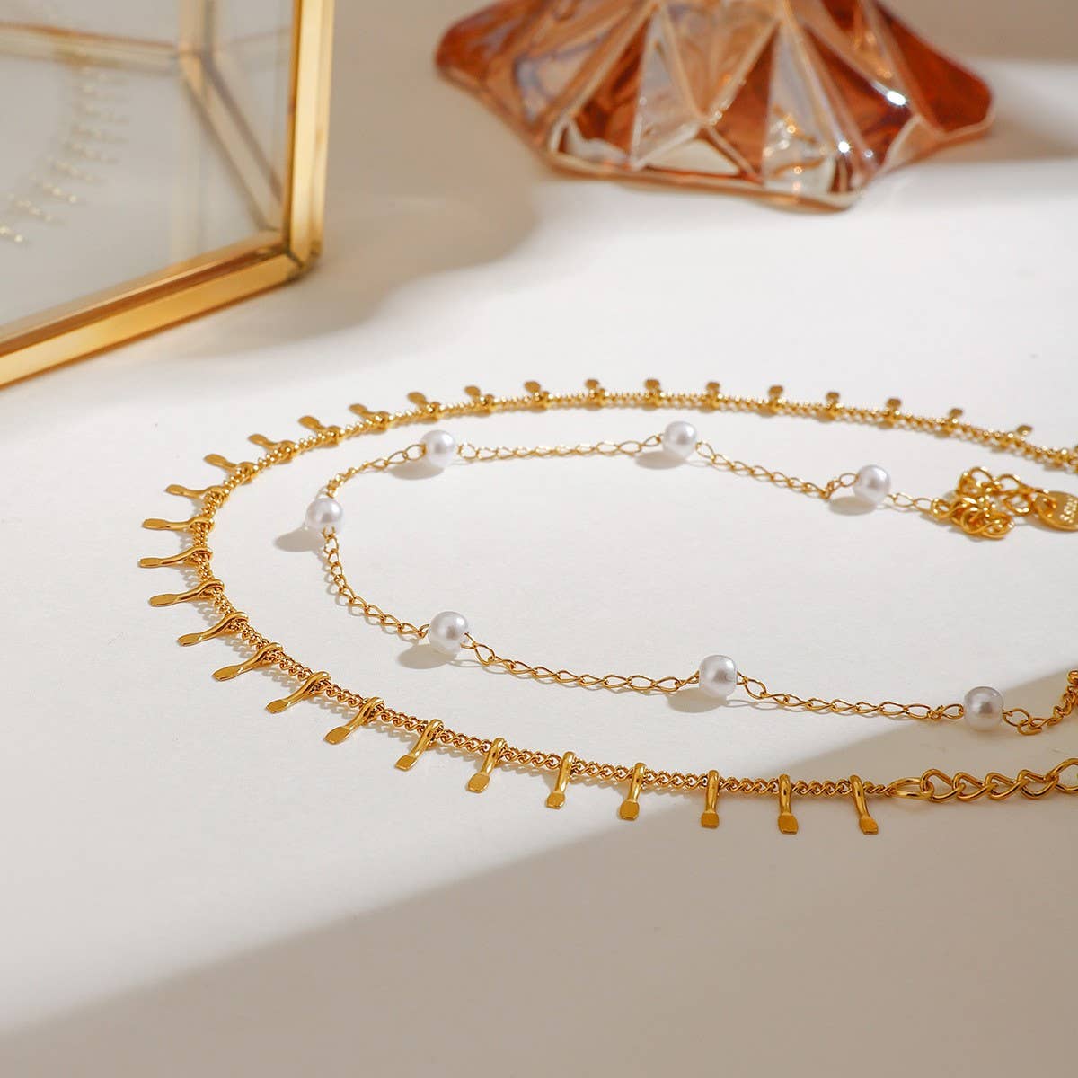 18K Gold Double Layer Pearl Anklet, Stainless_CWAJE4700