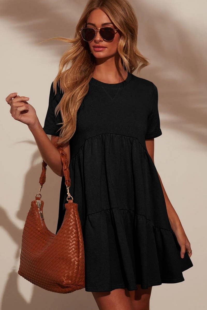 CWDSD7268_ROUND NECK POCKET SHORT SLEEVE PLEATED DRESS