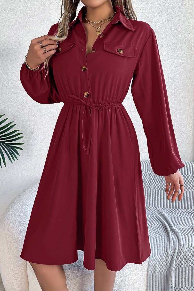 CWDSD6424_CASUAL BUTTON-DOWN WAIST SHIRT DRESS SHORT