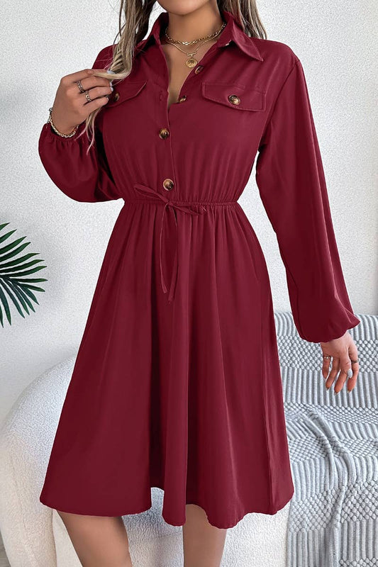 CWDSD6424_CASUAL BUTTON-DOWN WAIST SHIRT DRESS SHORT