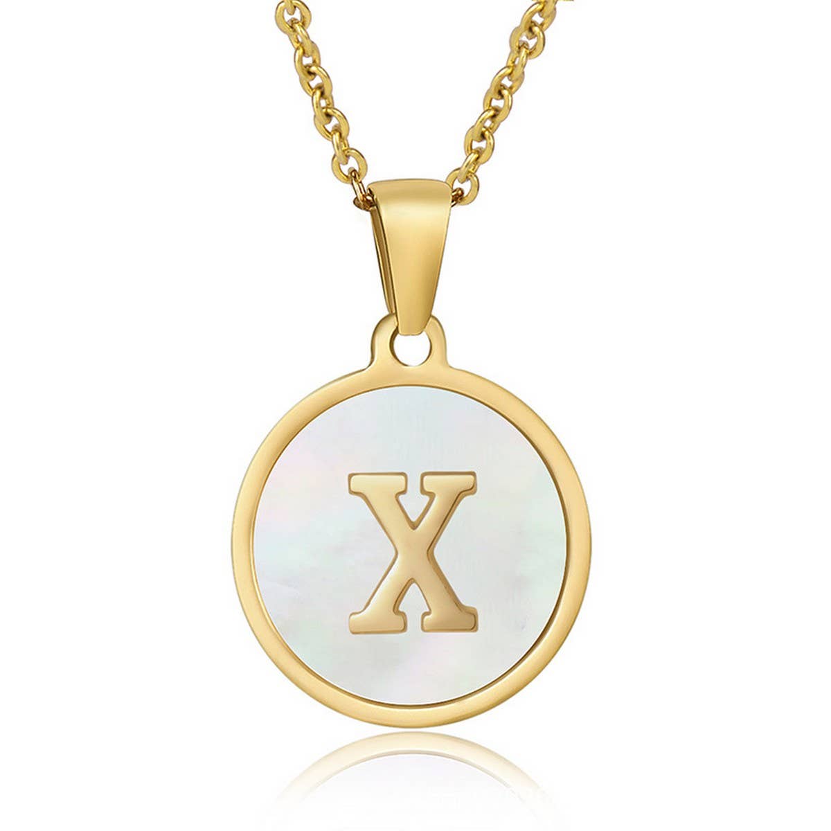 CWAJE1934_Round Stainless Steel White Shell Letter Necklace