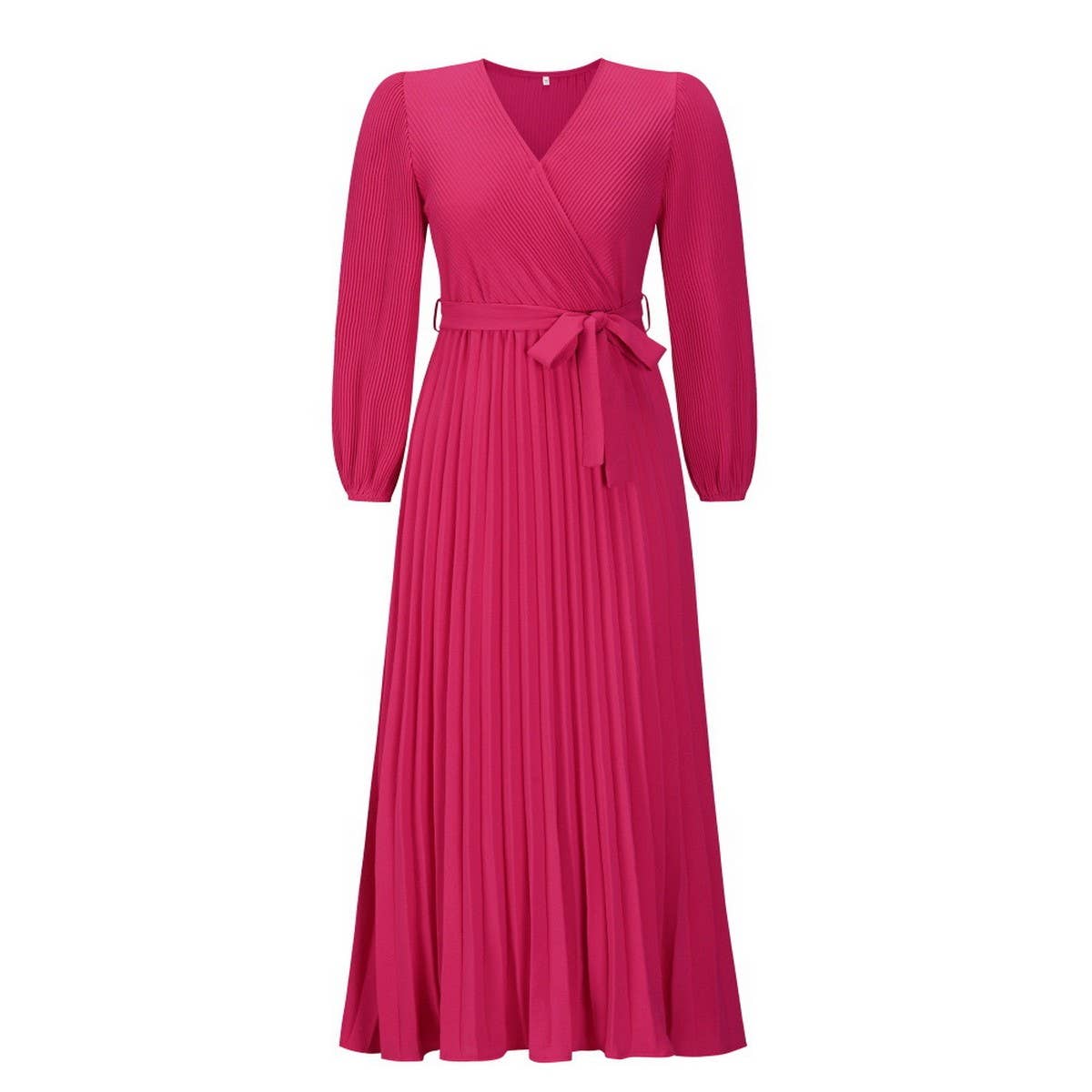 V-neck long sleeve pleated A-line long dress