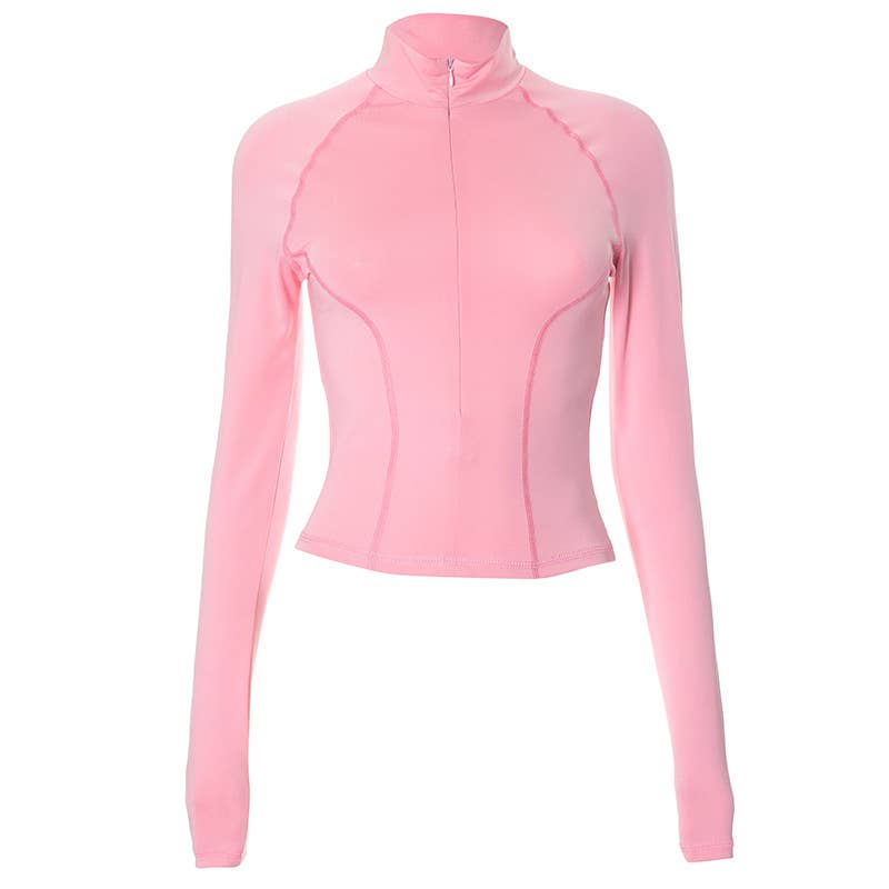 LAPEL ZIPPER PULLOVER LINE WAIST YOGA T-SHIRT