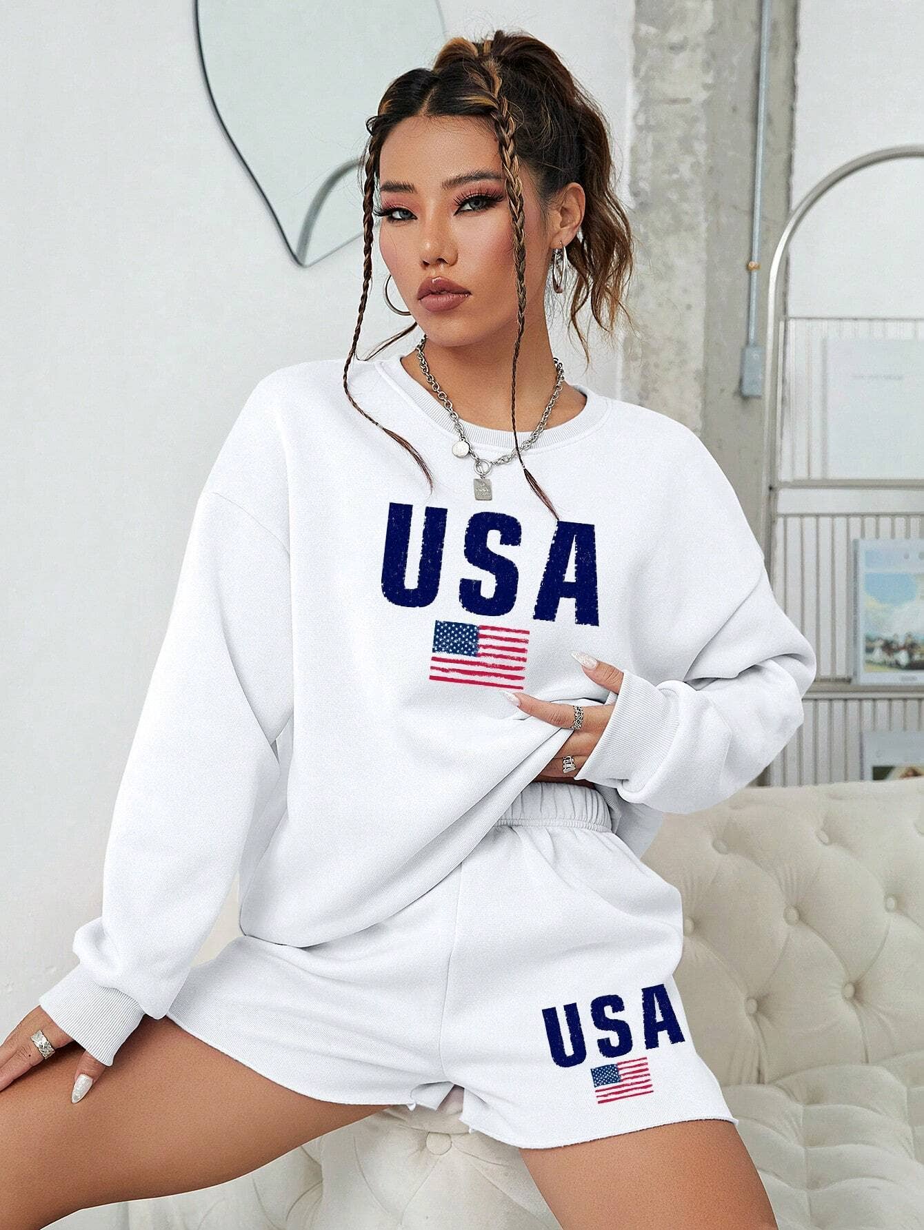 Loose suit printed long-sleeved shirts shorts