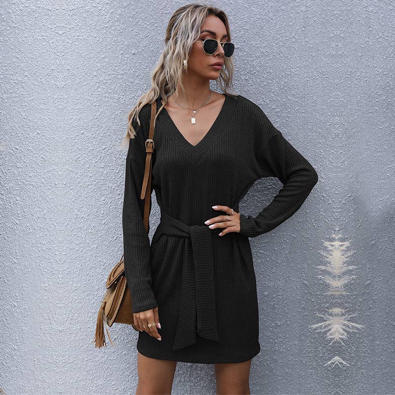 Short long sleeve V-neck sweater dress