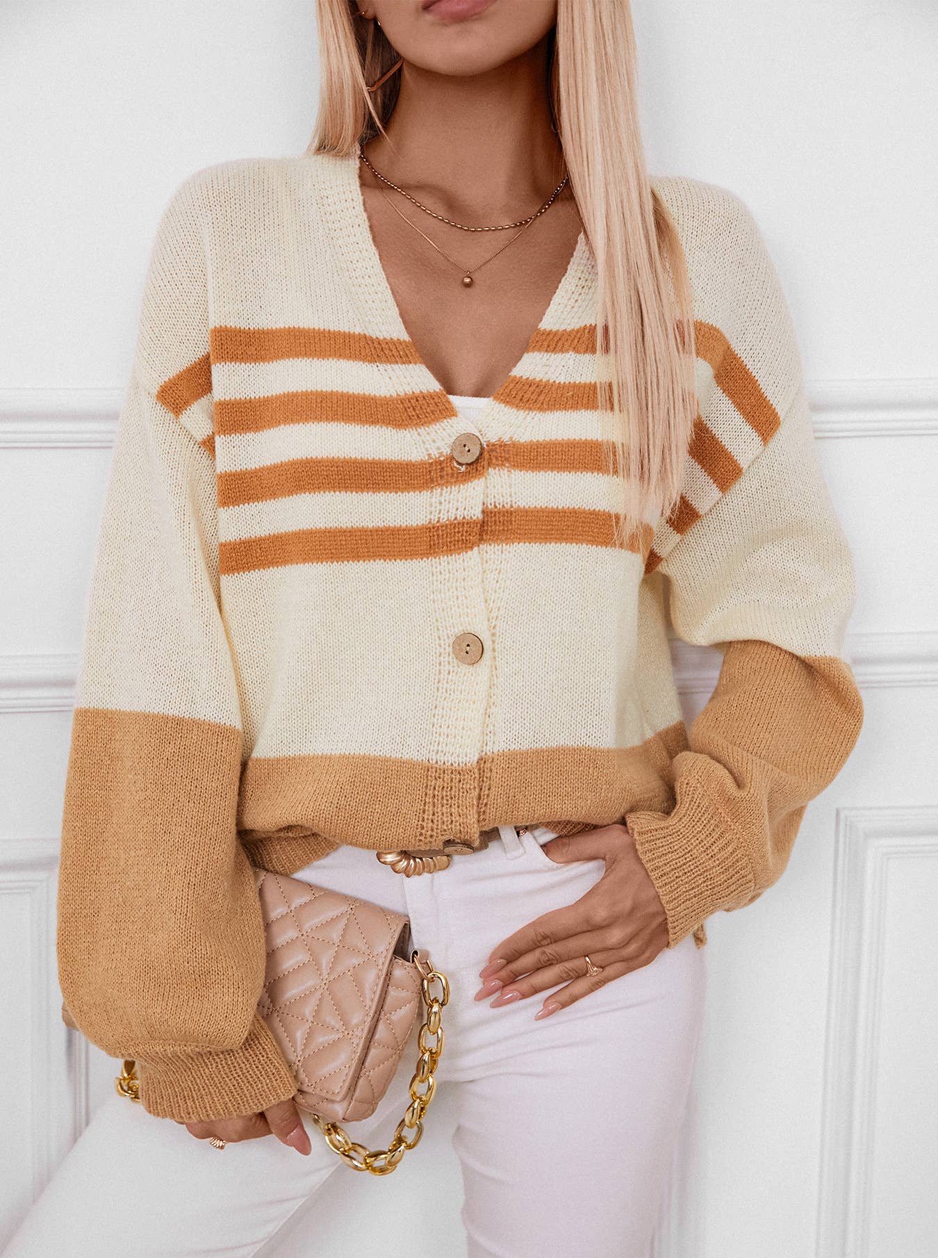 Striped button knit cardigan in contrasting colors
