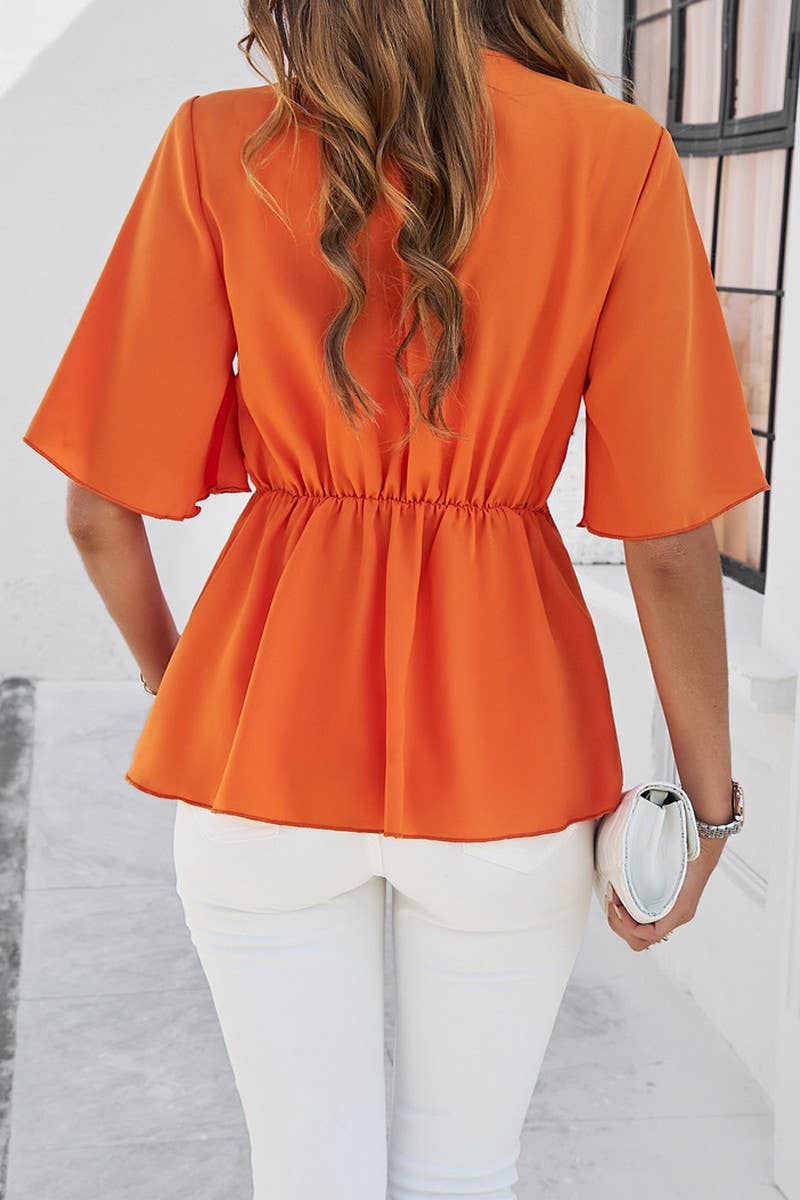 SOLID COLOR ELEGANT SHORT SLEEVED BELTED TOP_CWTSTS0323