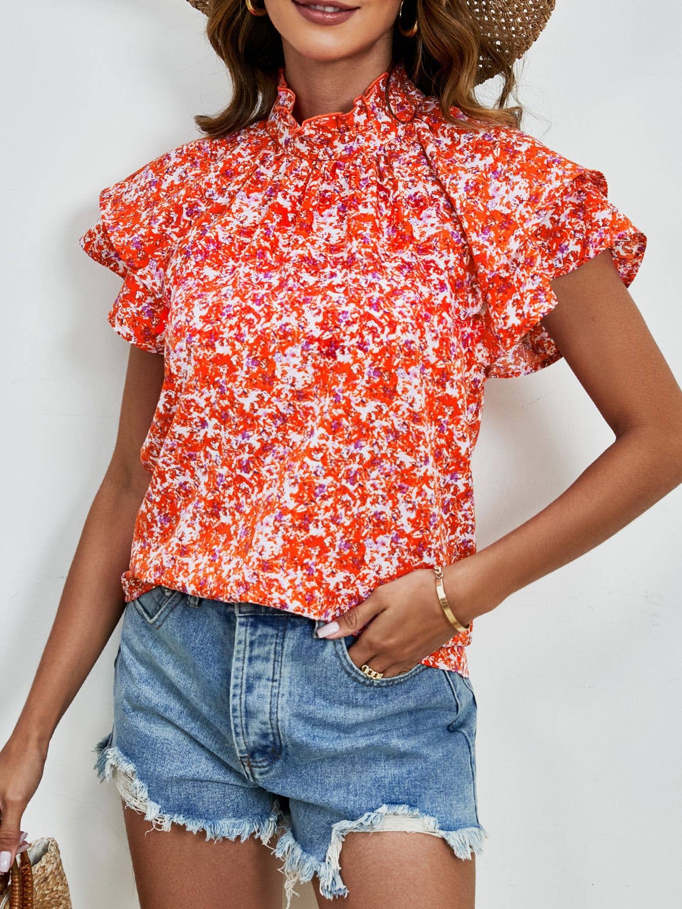 Semi-high-neck double-sleeved loose printed top