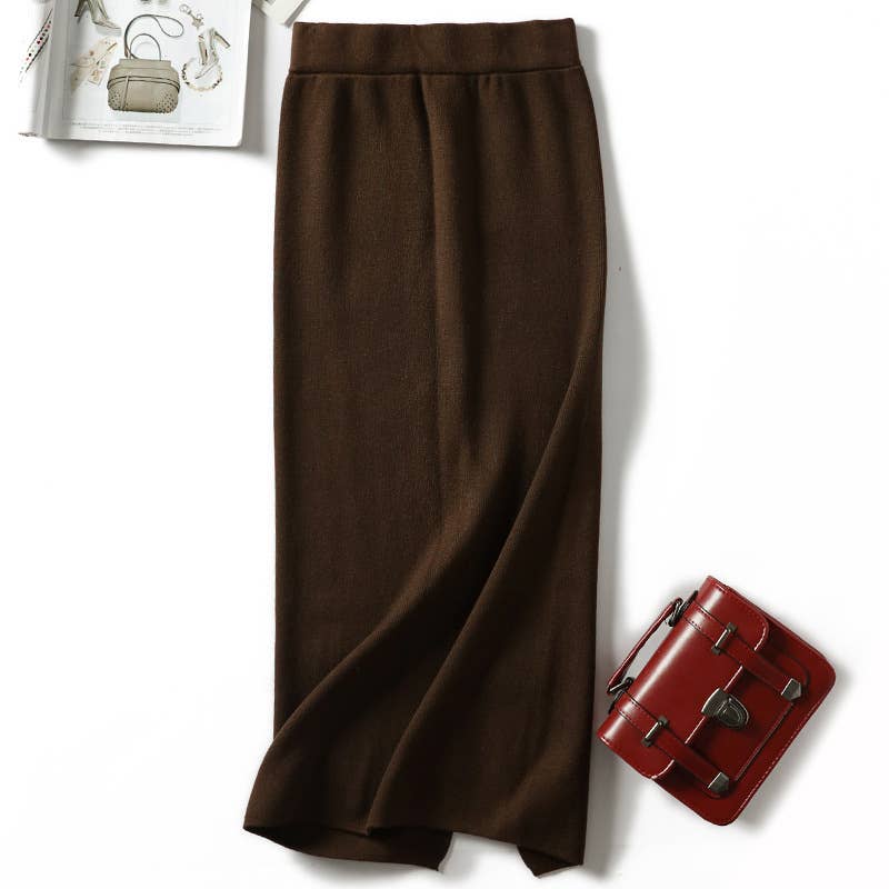 SIMPLE SLIM-FIT WRAP BOTTOM SPLIT KNIT SKIRT