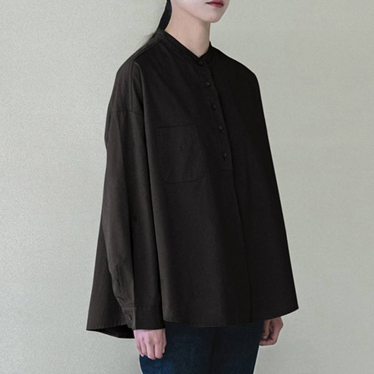 SOLID COLOR STAND COLLAR LOOSE COTTON SHIRT