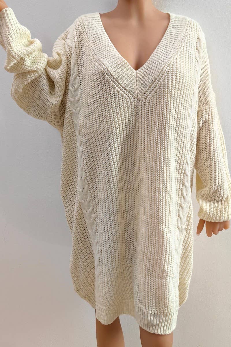 CWOSWL07399_PLUS SIZE DEEP V NECK KNIT SWEATER DRESS