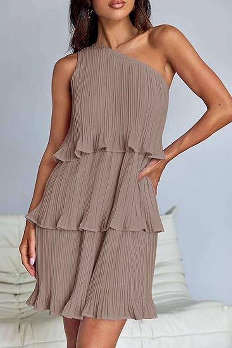 CWDSD8779_OFF-SHOULDER LAYERED HEM PLEATED SLEEVELESS DRESS
