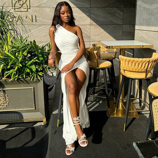 Solid-color off-the-shoulder high-slit dress