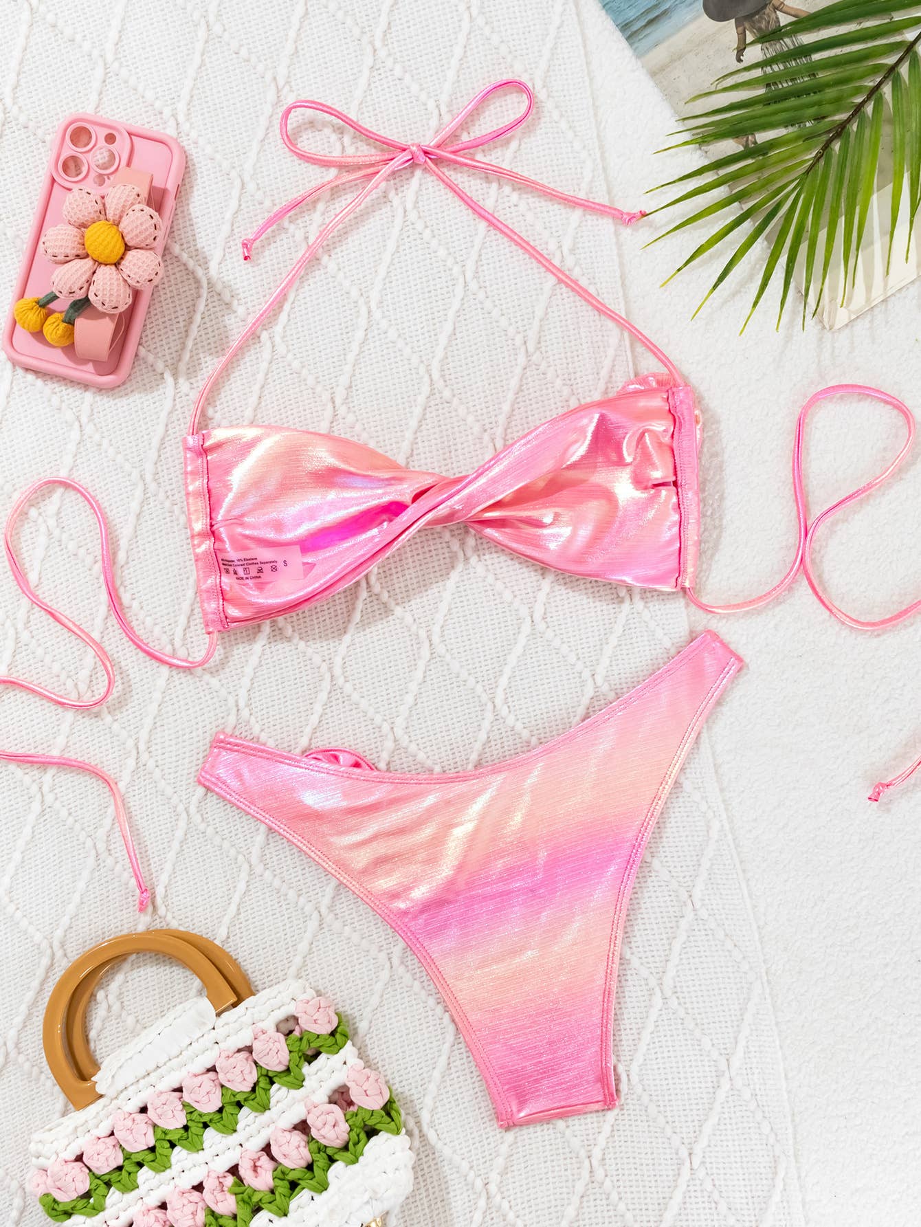 Iridescent Bikini Set - Pearl & 3D Flower Swimsuit