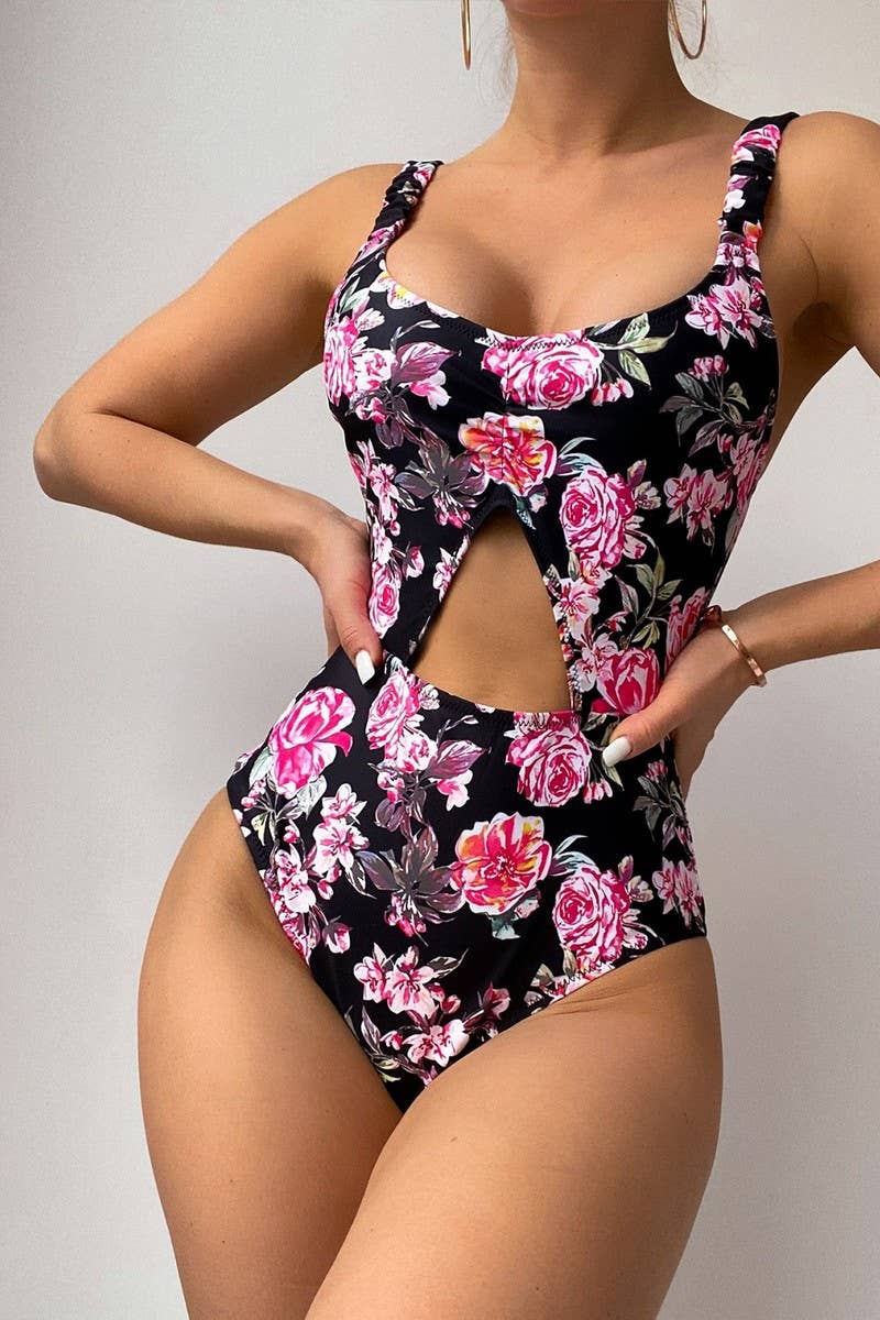 CWMW0854_HOLLOW FLORAL SLING ONE-PIECE SWIMSUIT
