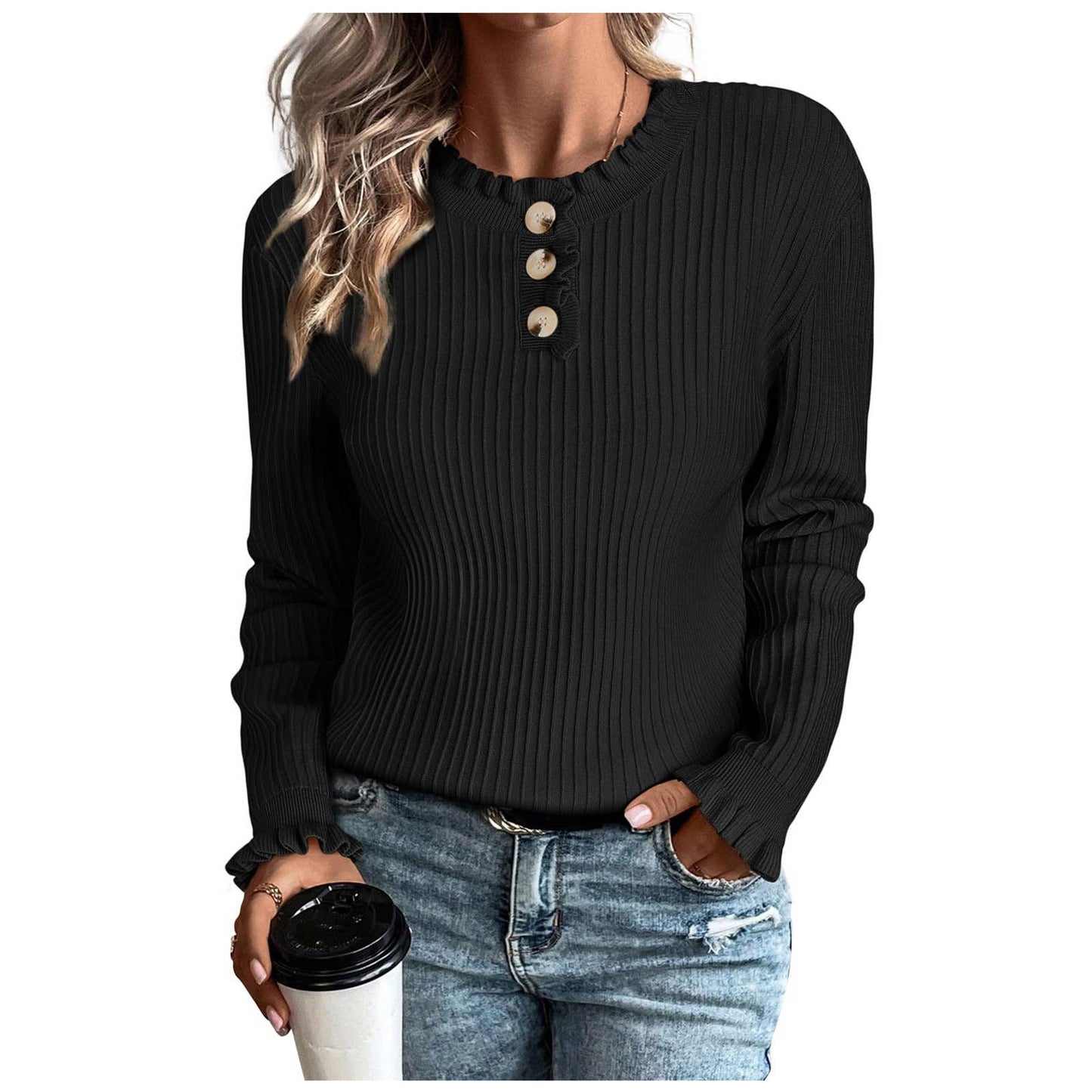 ROUND NECK WOODEN EAR NECK WOMEN'S KNITTED TOP