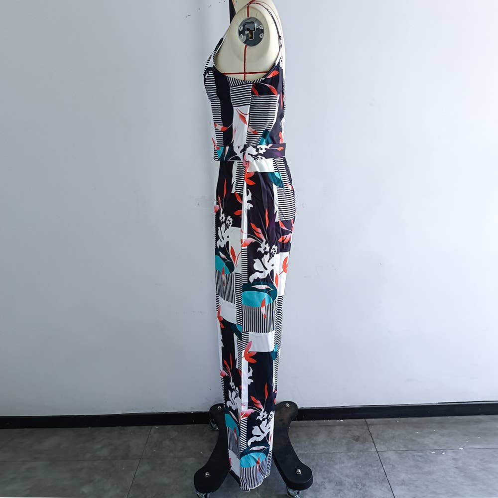 PRINTED HALTER BACK DEEP V-NECK STRAPPY JUMPSUIT