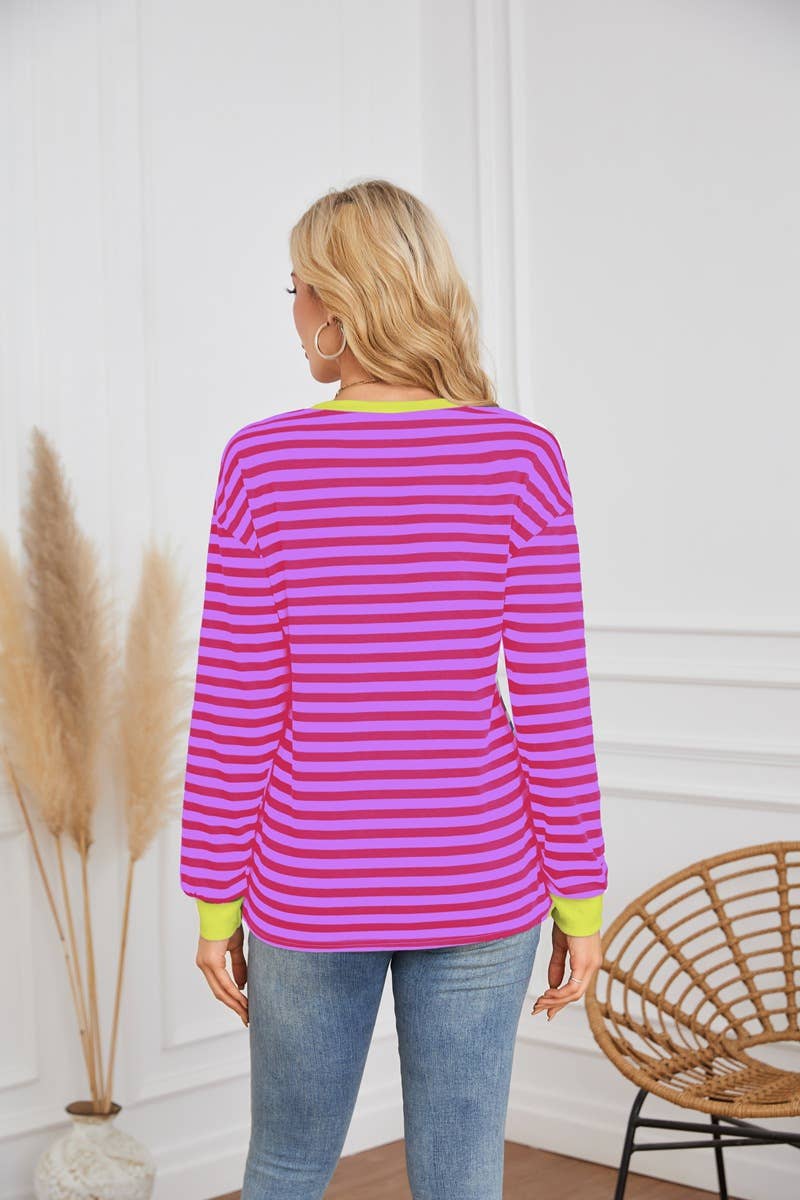 STRIPED CREW-NECK LONG-SLEEVED PULLOVER HOODIE