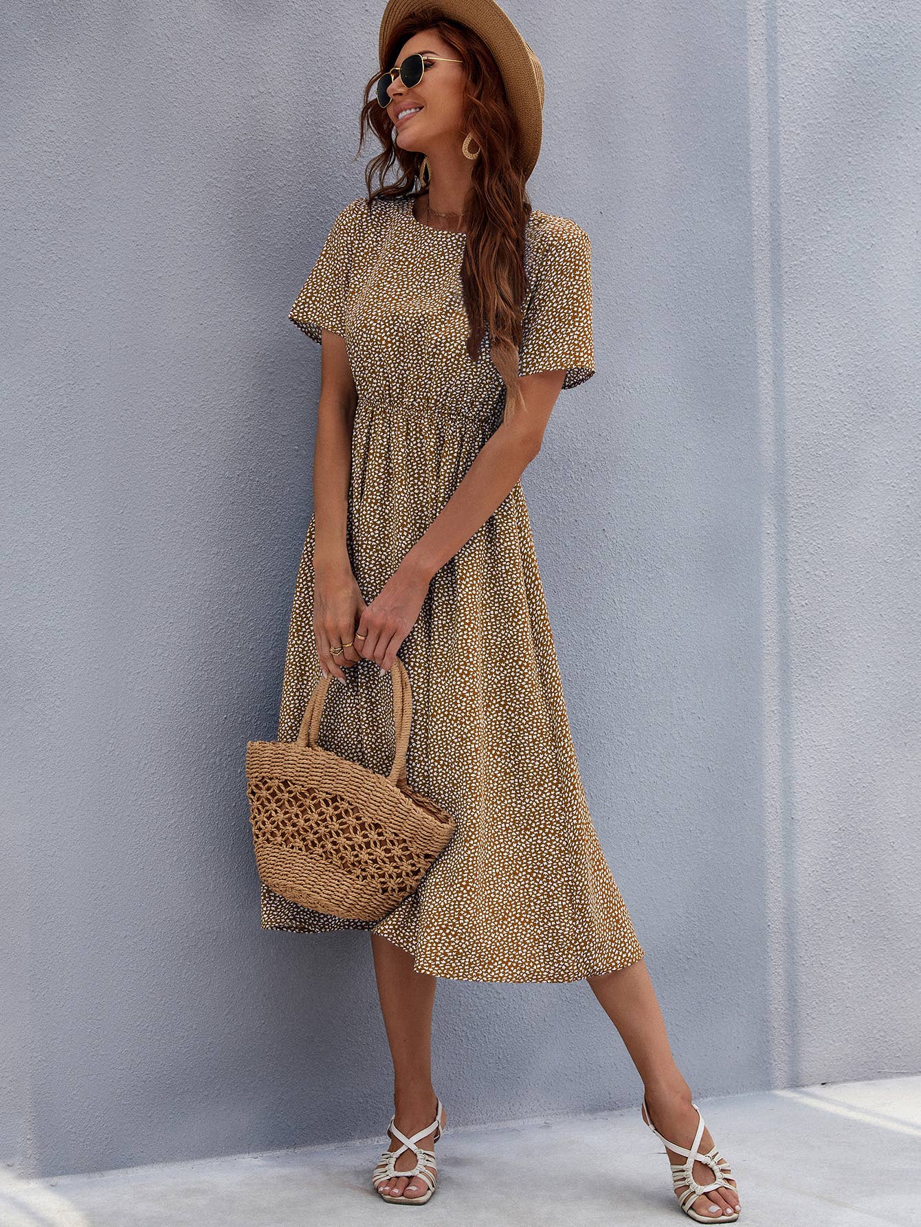 Round neck floral style waist long printed dress