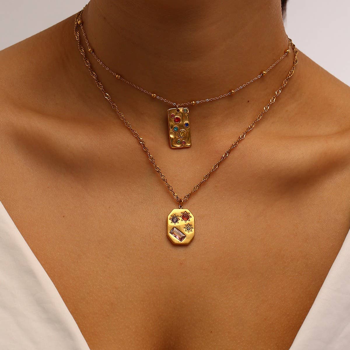 18K Stainless Steel Multicolor Gemstone Necklace_CWMM8888