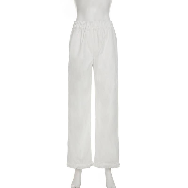 Fringed straight-leg stretched-waist woven pants